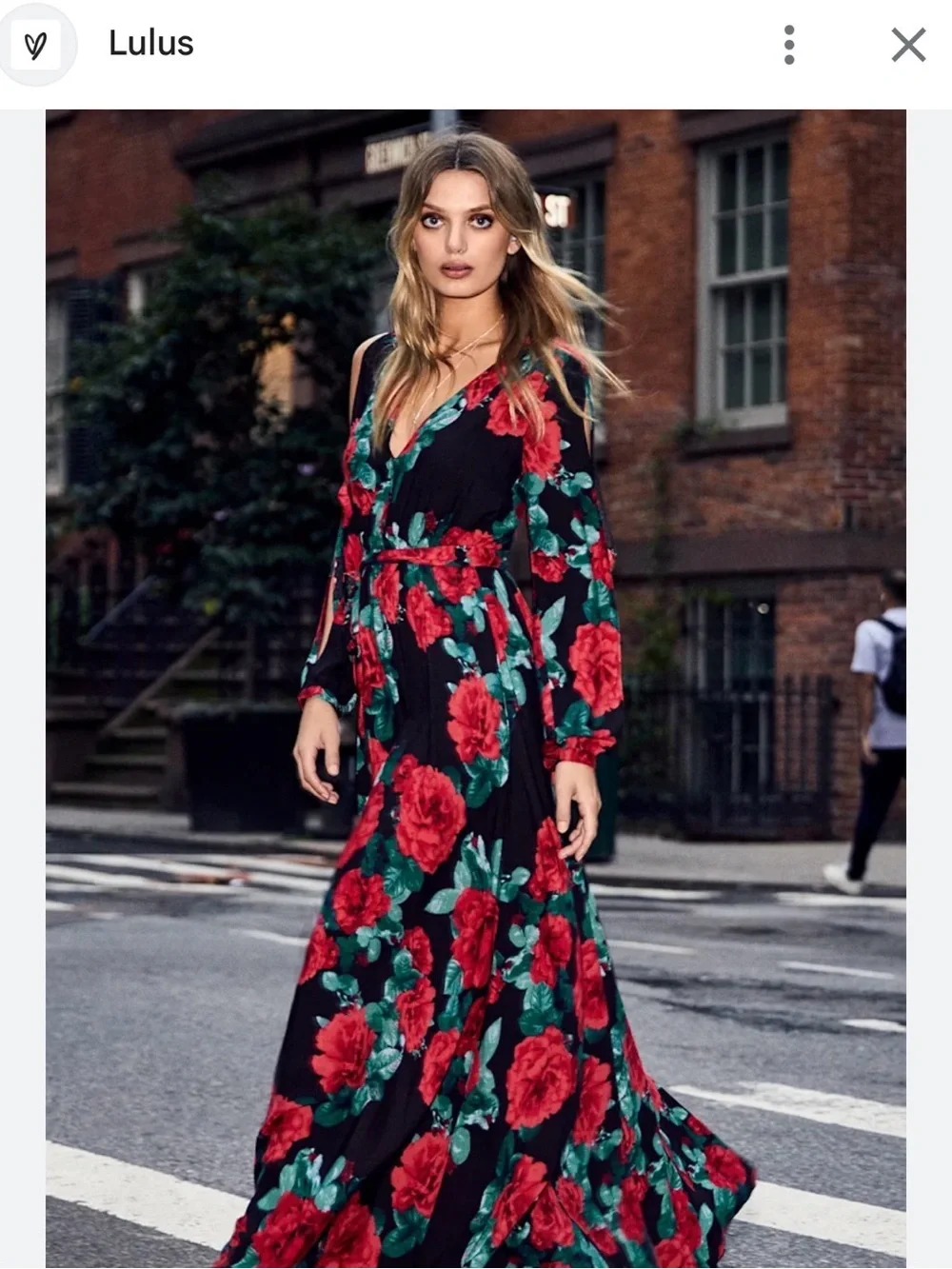 Lulu's Black Maxi Wrap Dress with Red Roses and Green Leaves - Picture 3 of 6